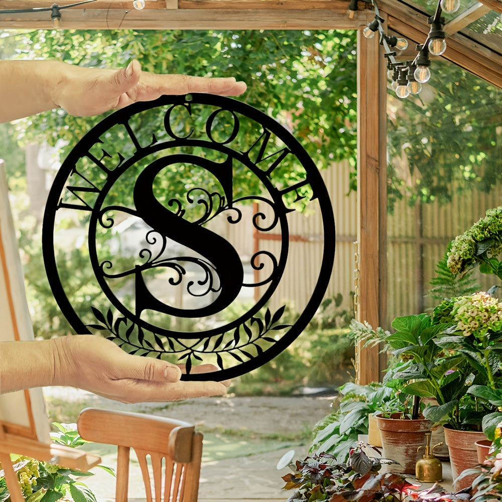 1pc, Metal Signs, Metal Wall Art, Welcome Signs with Initials, 12 Inches (30.5cm), Farmhouse Front Porch Signs, Wall Art Decorations, Outdoor Wall Art, Intertwined Letter Gifts, Country Welcome Wreath Decorations, Suitable for Indoor And Outdoor Use