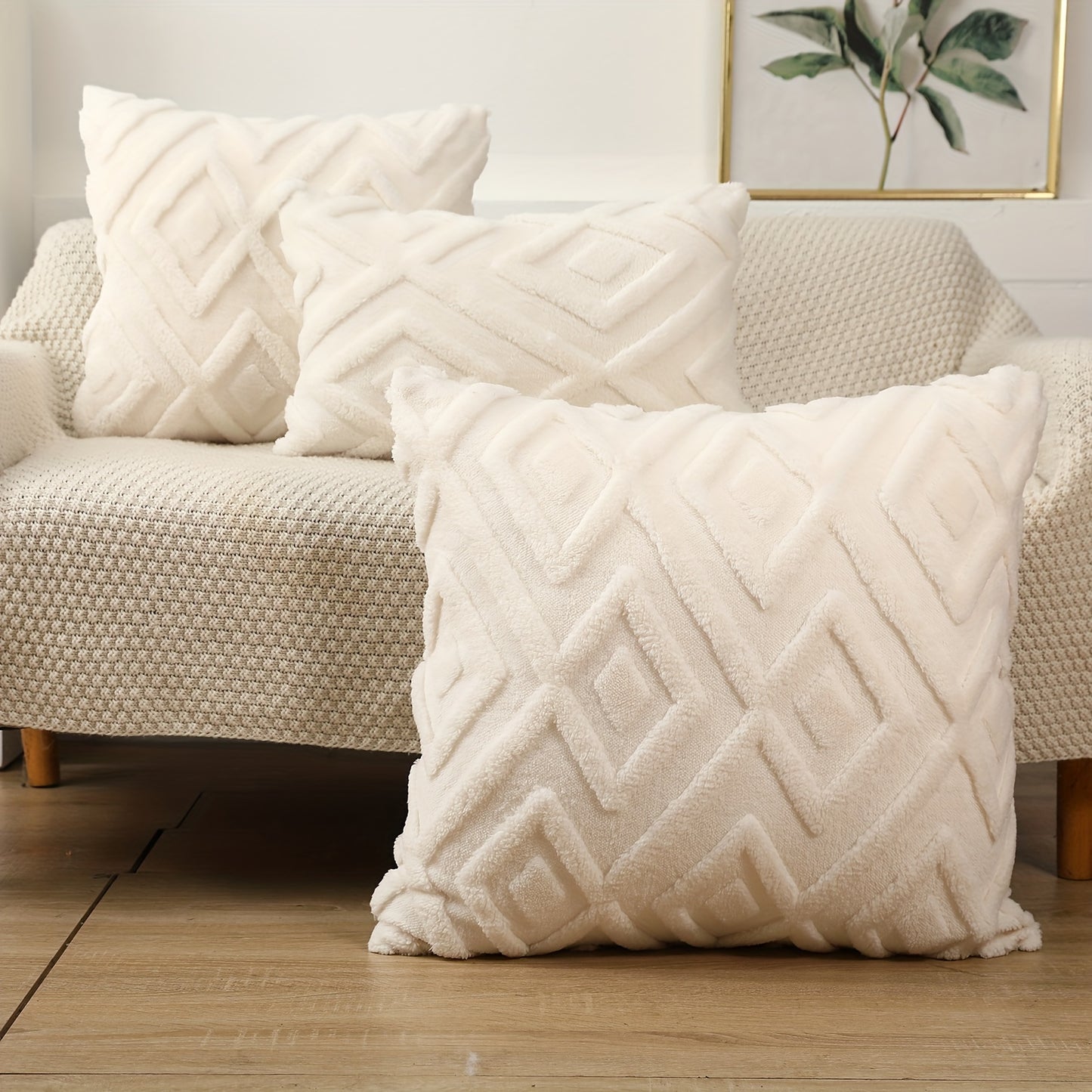 2pcs Soft Plush Snowflake Velvet Cream White Pillow Covers - Large Rhombus Pattern - For Bedroom & Living Room Decor - Multiple Colors Available -  Perfect Gift for Home Decor Lovers